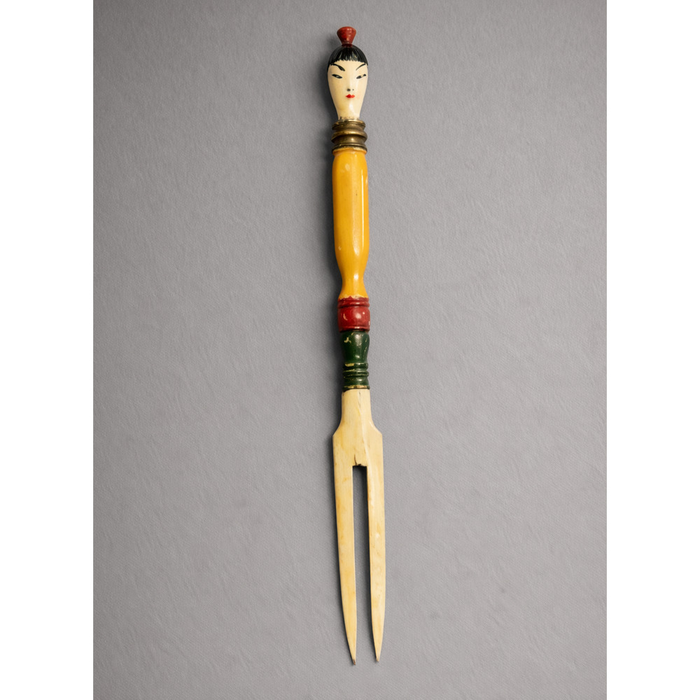 Vtg Asian Hand Painted Souvenir Fork Pick Carved Figure Handle MCM Colorful Deco